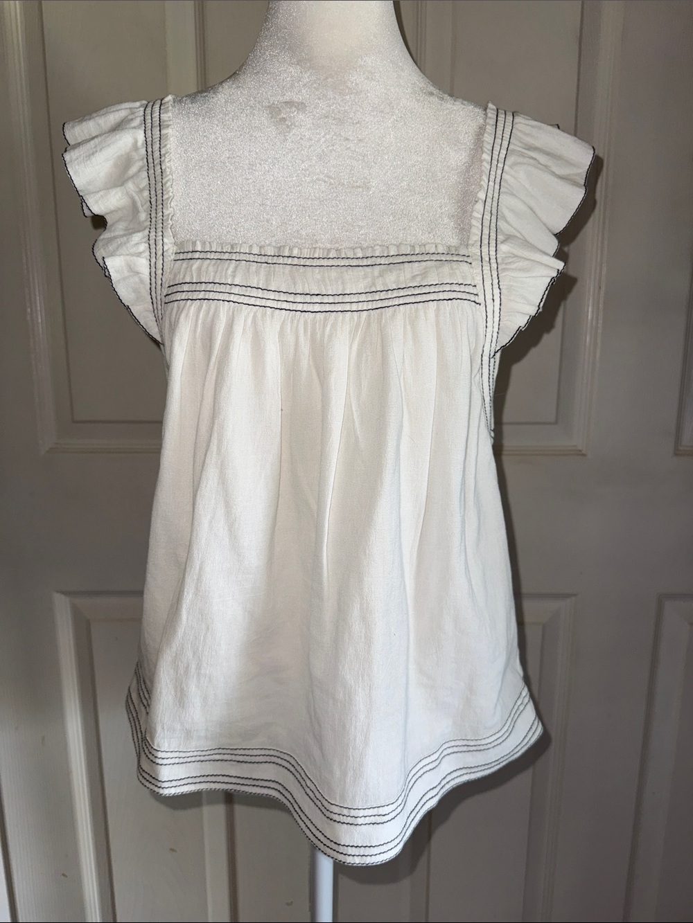 NWT Magali Pascal White With Black Threading Ruffled Strap Peasant Top
